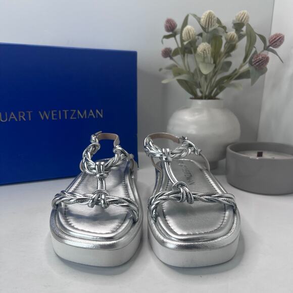 Stuart Weitzman Calypso Square Toe Sandals Metallic Silver S4563 Women 5B NWB - Picture 3 of 11